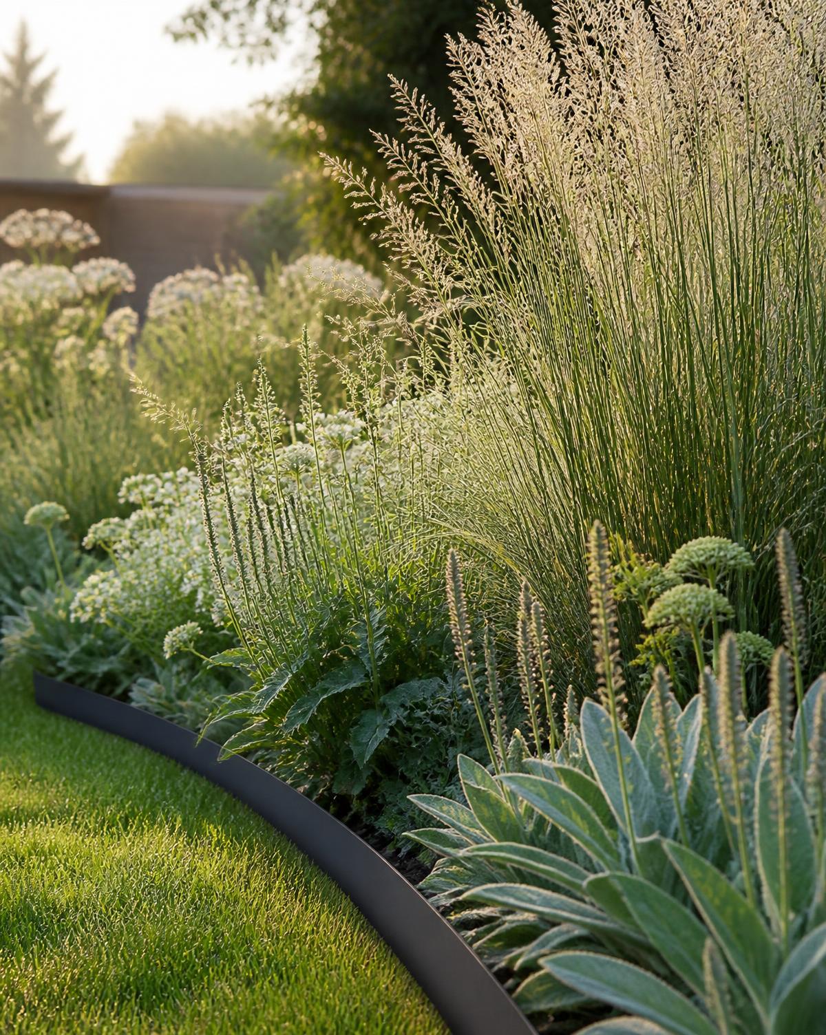 Illustratieve natuurlijke tuinborder met siergrassen en vaste planten