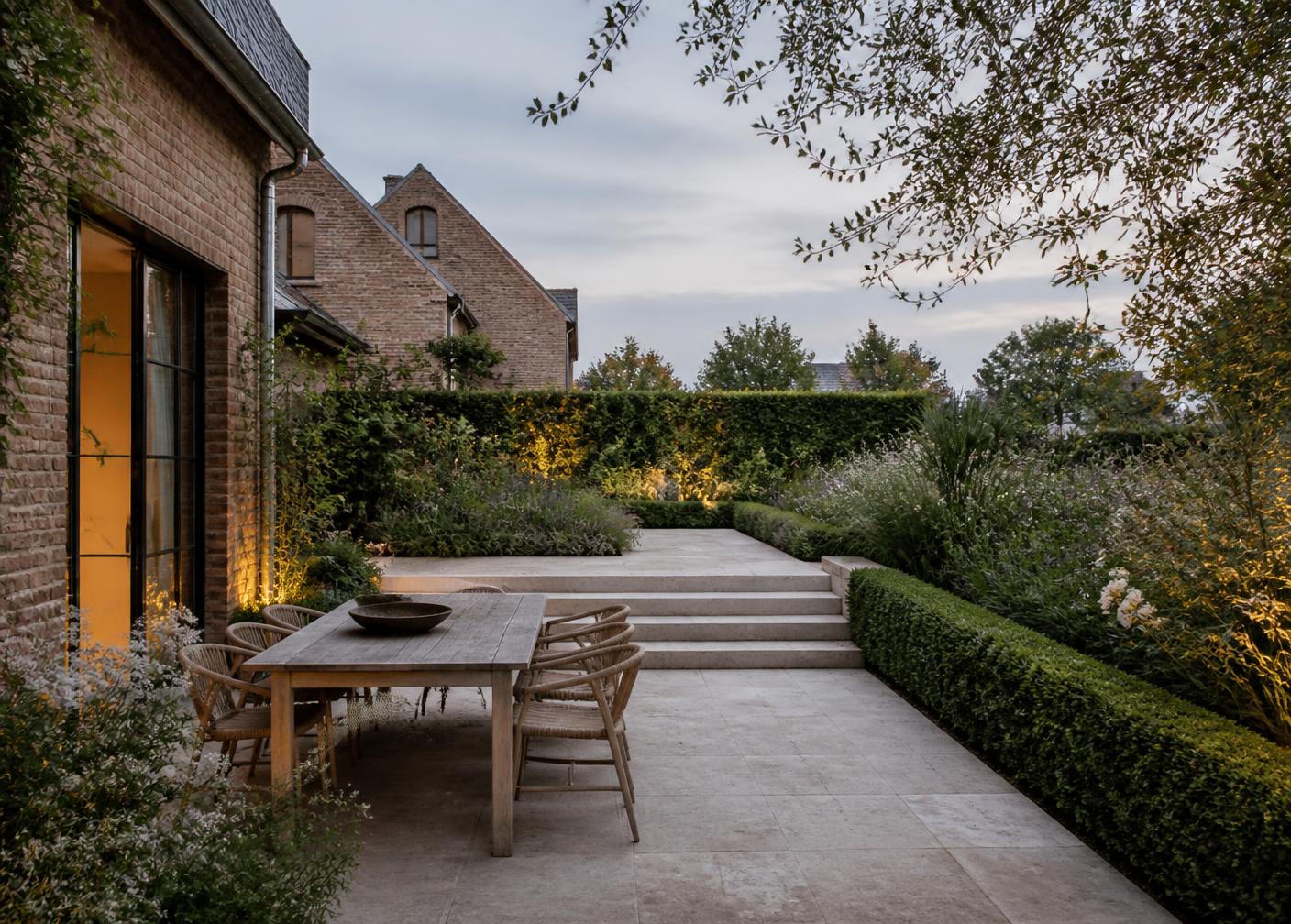 Illustratieve Belgische tuinaanleg met terras en groene beplanting
