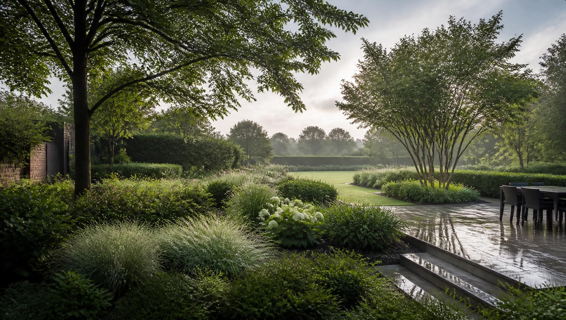 Illustratieve brede groene tuin met bomen, grassen en terras