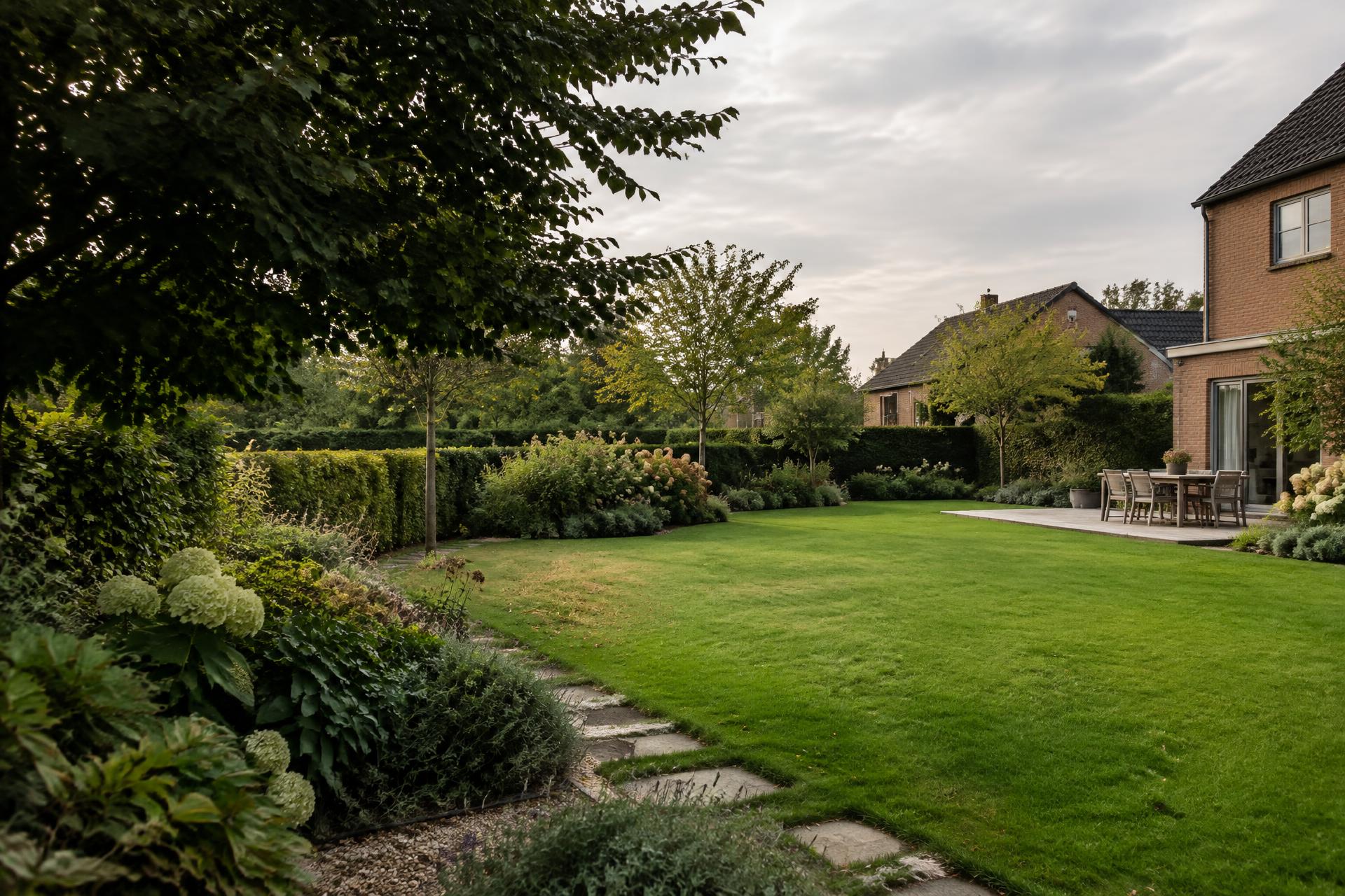 Illustratieve, verzorgde Belgische tuin met gazon, hagen en groene borders