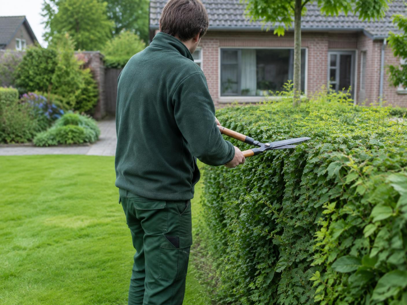 Illustratief onderhoud van een haag in een Belgische tuin